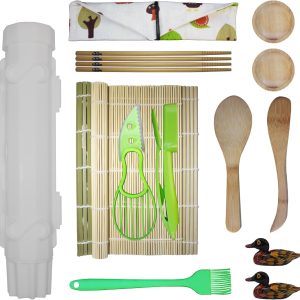Sushi Making Kit, All in One Bazooka Roller Kit for Beginners Makers, with Bamboo Mats, Sushi Bazooka, Avaocado Slicer, Chopsticks, Sauce Dish, Rice Paddle